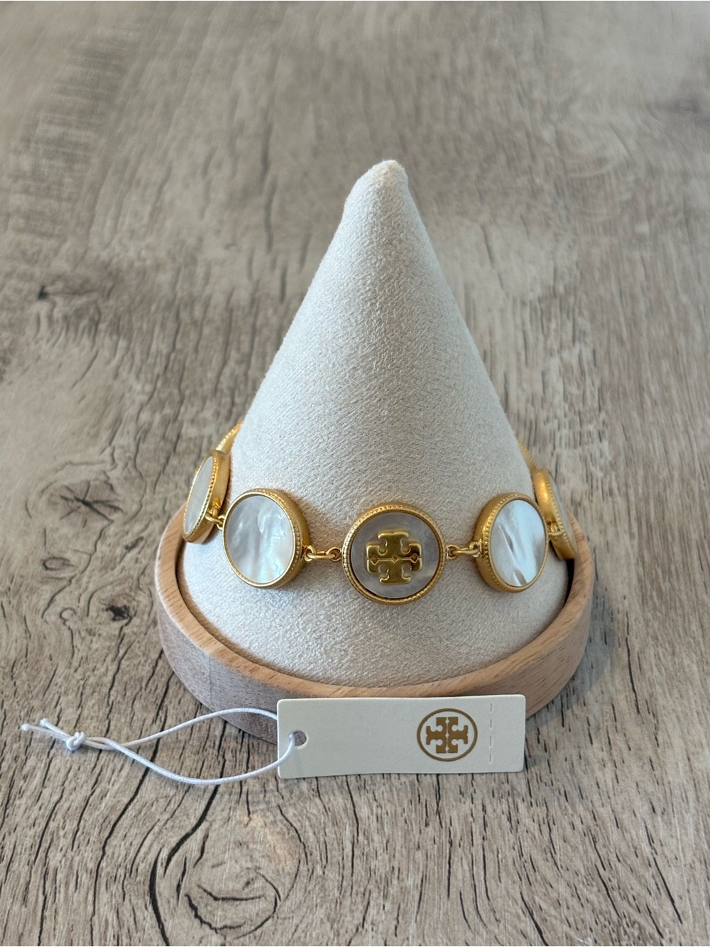 Tory Burch Gold-Tone Mother of Pearl Logo Panel Bracelet